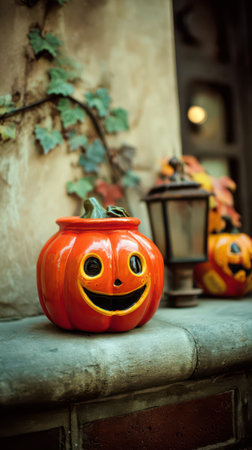 Brightly painted pumpkins with smiling faces are arranged outdoors surrounded by autumn leaves and lanterns creating a festive Halloween atmosphere.の素材
