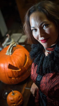 A woman dressed in elegant attire smiles next to a carved pumpkin surrounded by a festive atmosphere and dim lighting.の素材