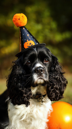 A black and white dog wears a festive Halloween hat while posing outdoors with an orange ball during a seasonal celebration.の素材