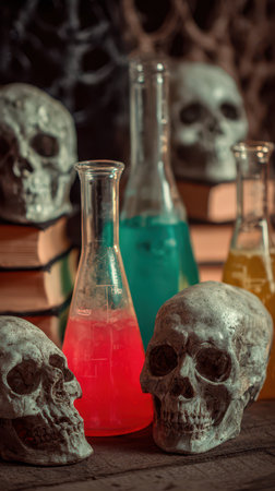 Skulls surround colorful glass flasks filled with vibrant liquids creating an unsettling yet intriguing ambiance in a dimly lit space.の素材