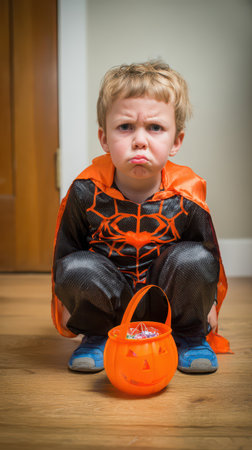A young child in a spider themed costume sits on the floor looking disappointed while holding an orange candy bucket.の素材