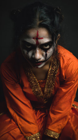 A performer showcases eerie makeup and a striking orange costume embodying an unsettling character with dark expressions and a traditional look.の素材