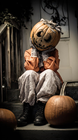 A pumpkin headed figure dressed in rustic clothing sits on steps surrounded by pumpkins evoking a spooky autumn atmosphere.の素材
