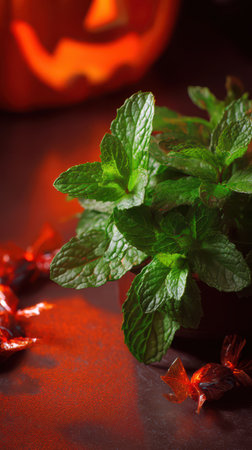 Fresh mint leaves complement a vibrant orange background with candy enhancing the autumn atmosphere and seasonal festivities.の素材