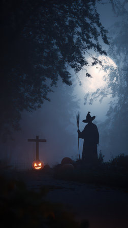 A witch stands with a broomstick next to a carved pumpkin in a foggy graveyard illuminated by the full moon on a spooky night.の素材