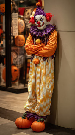 A clown dressed in a vibrant costume leans against a wall near festive pumpkins embodying a playful Halloween spirit in an indoor setting.の素材