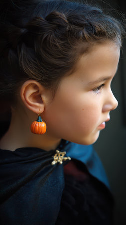A child wearing a black cloak and pumpkin earrings poses thoughtfully capturing the spirit of autumn festivities and costume celebrations.の素材