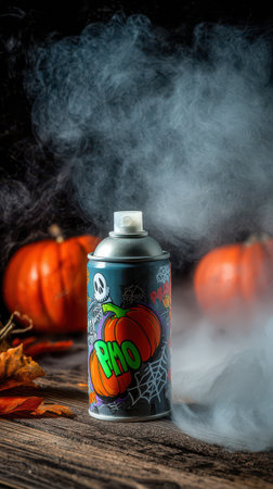 A spray can with Halloween designs stands near orange pumpkins while smoke swirls around creating a festive atmosphere for autumn.の素材