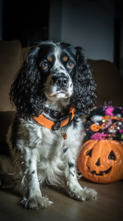 A dog with black and white fur sits beside a decorated pumpkin filled with colorful Halloween treats creating a festive atmosphere.の素材