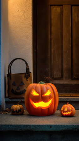 Three carved pumpkins with glowing smiles illuminate a porch showcasing festive Halloween spirit on a cool autumn evening.の素材