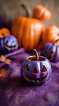 Vibrant purple and orange pumpkins are arranged on a rich purple fabric creating a festive atmosphere for Halloween celebrations.の素材