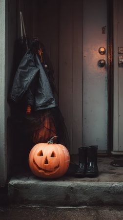 A carved pumpkin with a joyful face sits on a porch step beside black boots evoking a festive Halloween atmosphere in the evening.の素材