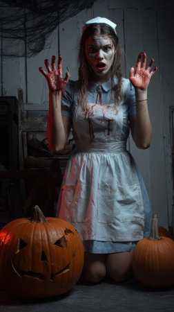 A girl in a nurse costume covered in fake blood stands startled in a dimly lit room surrounded by carved pumpkins showcasing Halloween spirit.の素材