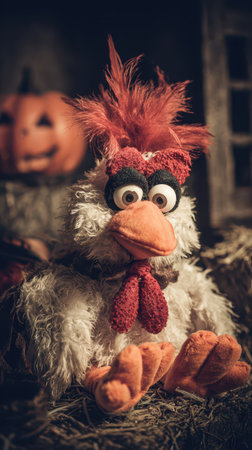 A whimsical plush chicken figure with vibrant fur and expressive eyes sits in a cozy autumn setting featuring a decorative pumpkin backdrop.の素材