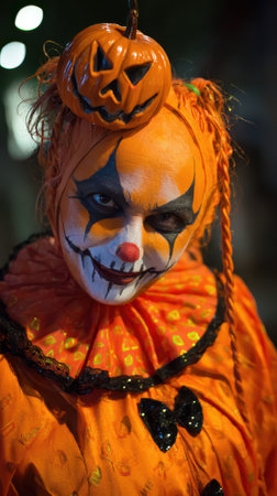 A clown dressed in vibrant orange attire with a pumpkin hat poses playfully under night lights creating a spooky yet festive atmosphere.の素材