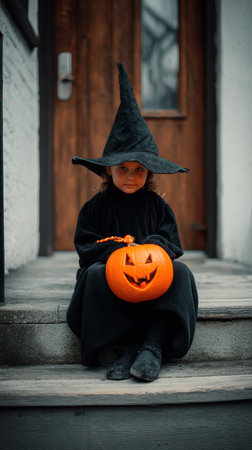 A child dressed as a witch sits on steps holding a carved pumpkin. The atmosphere feels warm and inviting evoking Halloween spirit.の素材