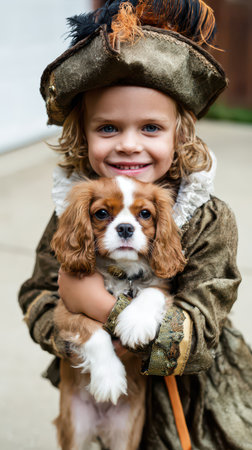 Young child wearing a detailed historical costume smiles while hugging an adorable puppy outdoors. The playful atmosphere showcases joy and innocence.の素材