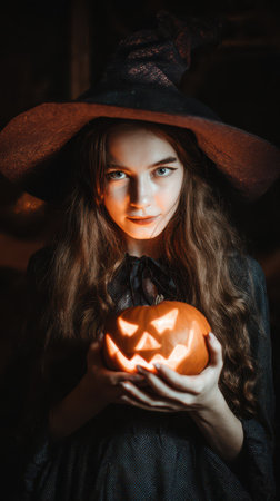 A young girl dressed as a witch holds a glowing carved pumpkin with a spooky face surrounded by a dark and mystical atmosphere.の素材