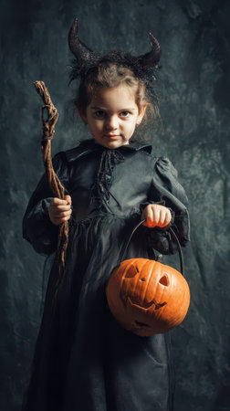 A child in a black dress holds a carved pumpkin and a stick embodying a witch for Halloween.の素材