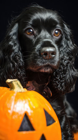 A black dog with curly fur sits beside a carved pumpkin with a spooky face ready to celebrate Halloween festivities.の素材
