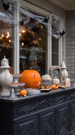 Colorful Halloween decorations adorn a table featuring a joyful pumpkin spooky treats and festive candles next to an inviting window.の素材