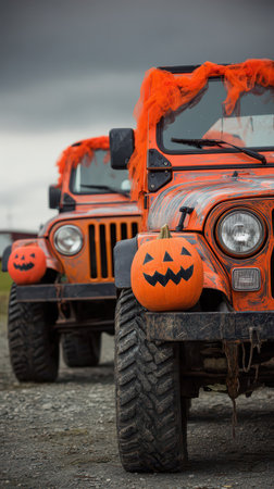 Two off road vehicles adorned with orange decorations and pumpkins prepare for Halloween festivities in a rustic setting.の素材