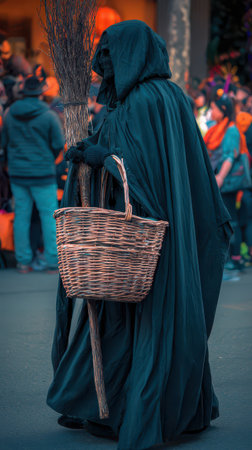 A cloaked figure holding a broom and basket stands at an autumn festival surrounded by vibrant decorations and festival goers.の素材