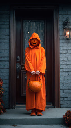 A child dressed in an orange hooded costume stands at a dark house entrance holding a pumpkin candy bucket during Halloween night.の素材