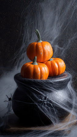 Three small pumpkins arranged on top of a cauldron surrounded by spider web creating a festive autumn and Halloween atmosphere.の素材