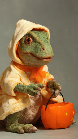 A small dinosaur dressed in a cozy white hoodie with a pumpkin bucket enjoys a festive Halloween atmosphere. The setting is playful and colorful.の素材