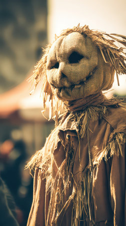 A scarecrow with a burlap face and straw details stands amidst festival activities adding a seasonal touch to the festive atmosphere.の素材
