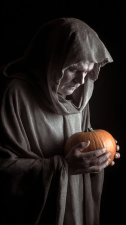 A cloaked figure gazes downward while holding a pumpkin surrounded by darkness that enhances the mysterious atmosphere.の素材