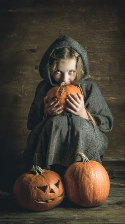 A young girl wearing a dark hooded dress holds pumpkins close surrounded by carved jack o lanterns evoking a Halloween atmosphere.の素材
