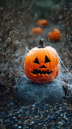 A carved pumpkin sits on a stone surrounded by dried plants and spider webs evoking the spooky atmosphere of Halloween in autumn.の素材
