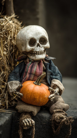 A skeleton doll with a plaid scarf sits beside a hay bale cradling a small orange pumpkin in its hands amidst a seasonal decor.の素材