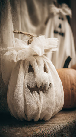 A spooky Halloween decoration features a ghostly pumpkin wrapped in cheesecloth set against a backdrop of autumn elements and another ghost figure.の素材