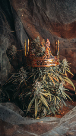 A cannabis plant adorned with a decorative crown showcases its beauty in a unique and artistic arrangement blending nature and artistry.の素材