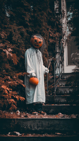 A haunting figure wearing a pumpkin head stands on stairs surrounded by autumn foliage creating an eerie yet captivating atmosphere.の素材