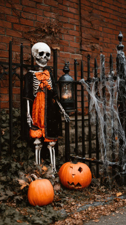 A skeleton dressed in a black and orange outfit stands by a wrought iron fence surrounded by carved pumpkins and cobwebs during Halloween season.の素材