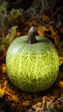 A striking green gourd rests on earthy soil surrounded by vibrant leaves. It is softly illuminated highlighting intricate patterns on its skin.の素材