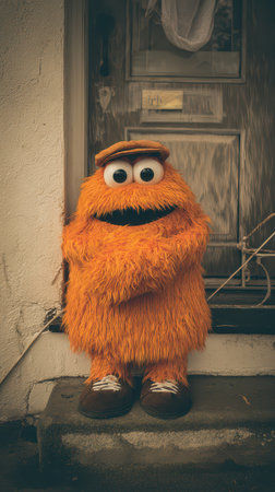A vibrant orange furry character with big eyes stands on a porch dressed in a hat and shoes against a rustic background during evening light.の素材