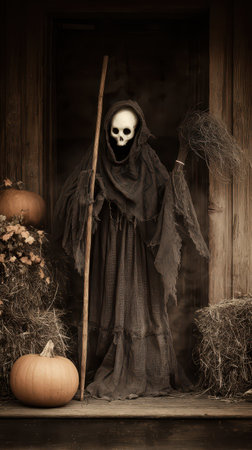 A haunting figure in a dark robe holds a staff and stands ominously by pumpkins and hay on a spooky autumn evening.の素材