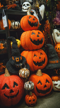 A vibrant collection of Halloween pumpkins and hats is arranged in a store showcasing the spirit of the holiday with cheerful designs.の素材
