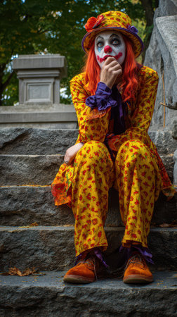 A clown with colorful hair and face paint sits quietly on stone steps reflecting among greenery on a calm day in the park.の素材
