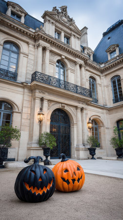 Two carved pumpkins sit on a pathway outside an elegant historic mansion during twilight highlighting the festive spirit of Halloween.の素材