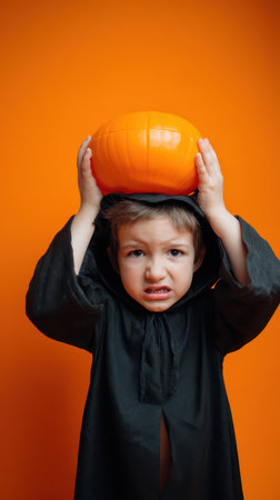 A child dressed in a black costume struggles to balance a pumpkin on their head set against a vibrant orange background capturing Halloween spirit.の素材