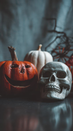 A collection of Halloween decorations featuring carved pumpkins and a skull set against a dark backdrop creating a spooky ambiance.の素材