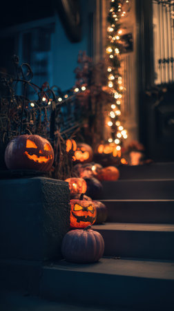 Carved pumpkins with glowing faces line the steps of a house surrounded by soft twinkling lights creating a festive autumn atmosphere.の素材