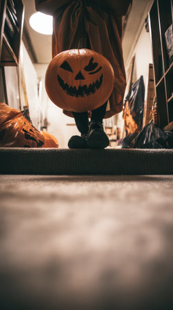 A person holding a carved pumpkin walks down a dimly lit staircase decorated for Halloween surrounded by festive decorations.の素材