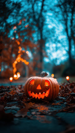 A carved pumpkin with a mischievous face glows brightly on a bed of fallen leaves during an autumn evening surrounded by warm lights.の素材